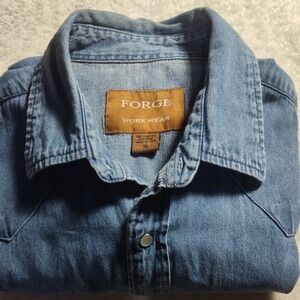 Forge Work Wear Shirt Mens Large 44 Blue Denim Western Pearl Snap Button‎ 1672